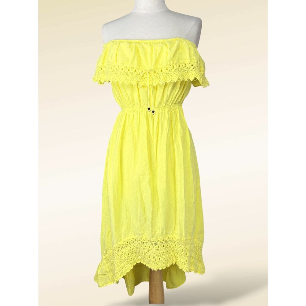Sea Spice Off-Shoulder Yellow Crochet Hem Midi Dress Peruvian Cotton Women's XL